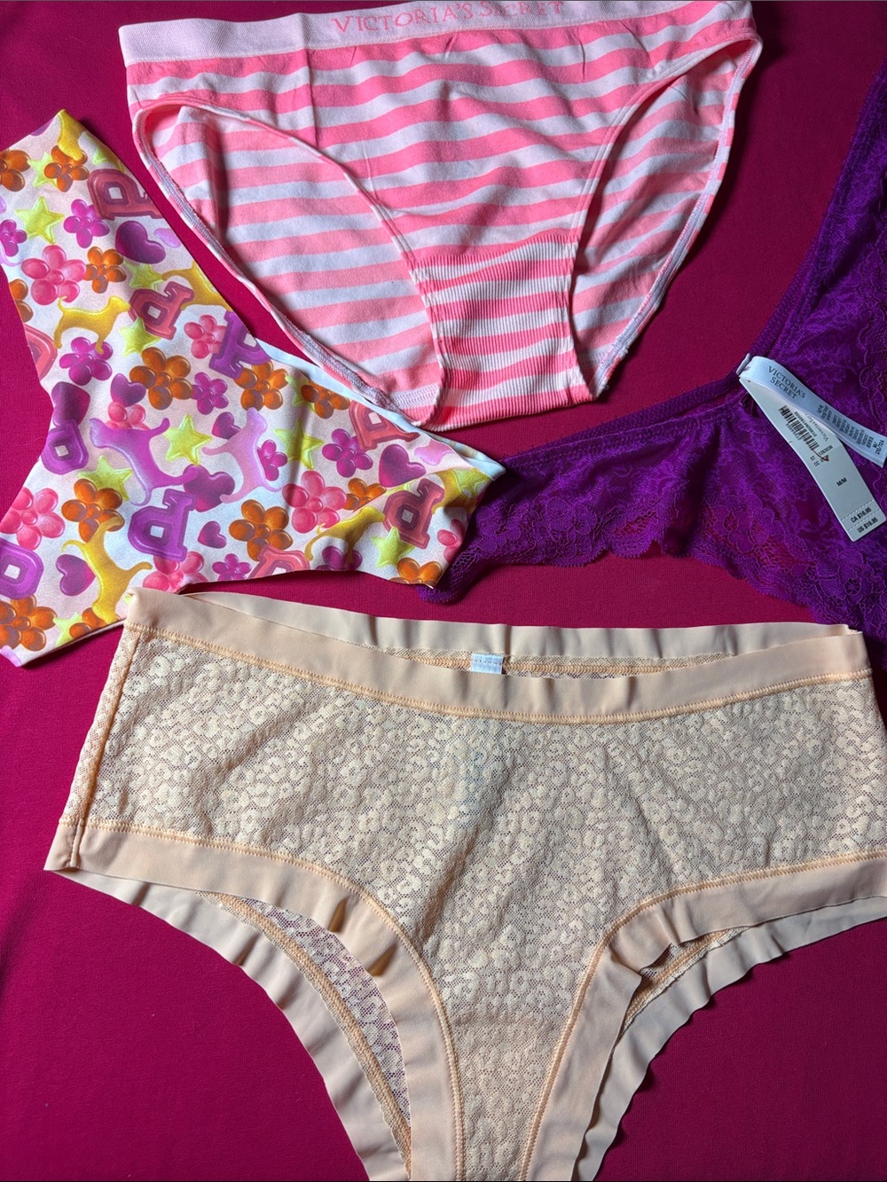 Victoria's Secret Pink Striped Bikini, Beige Lace Briefs & Purple Lace Panty Set